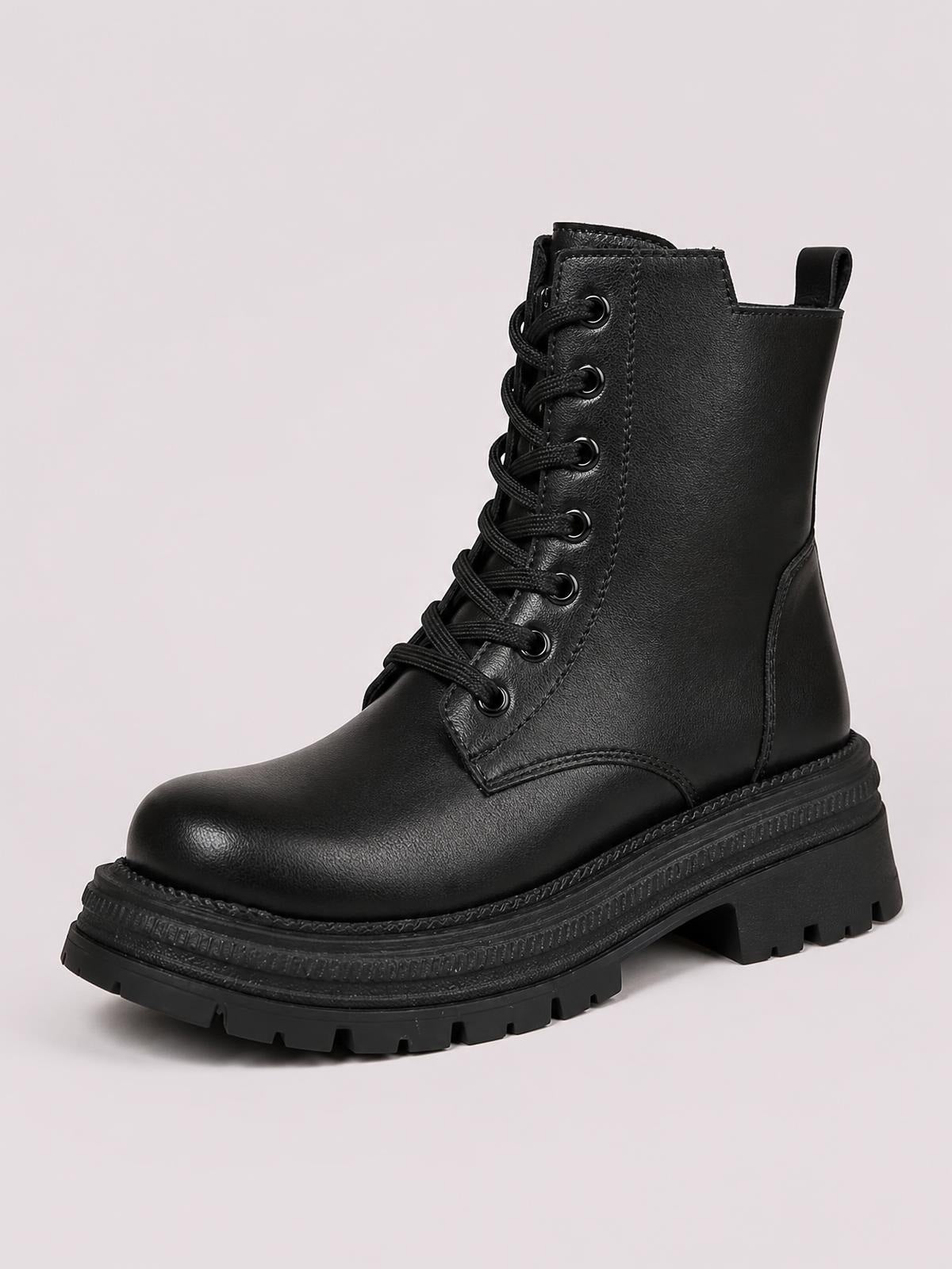 Black PU leather lace-up platform boots feature a rounded toe, side zip, ankle-high shaft, chunky low heel, and rugged rubber lug sole.