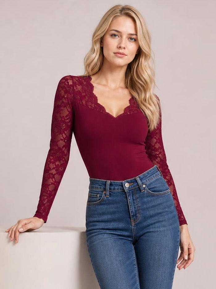 Lace Wavy Hem V-Neck Long Sleeve Top