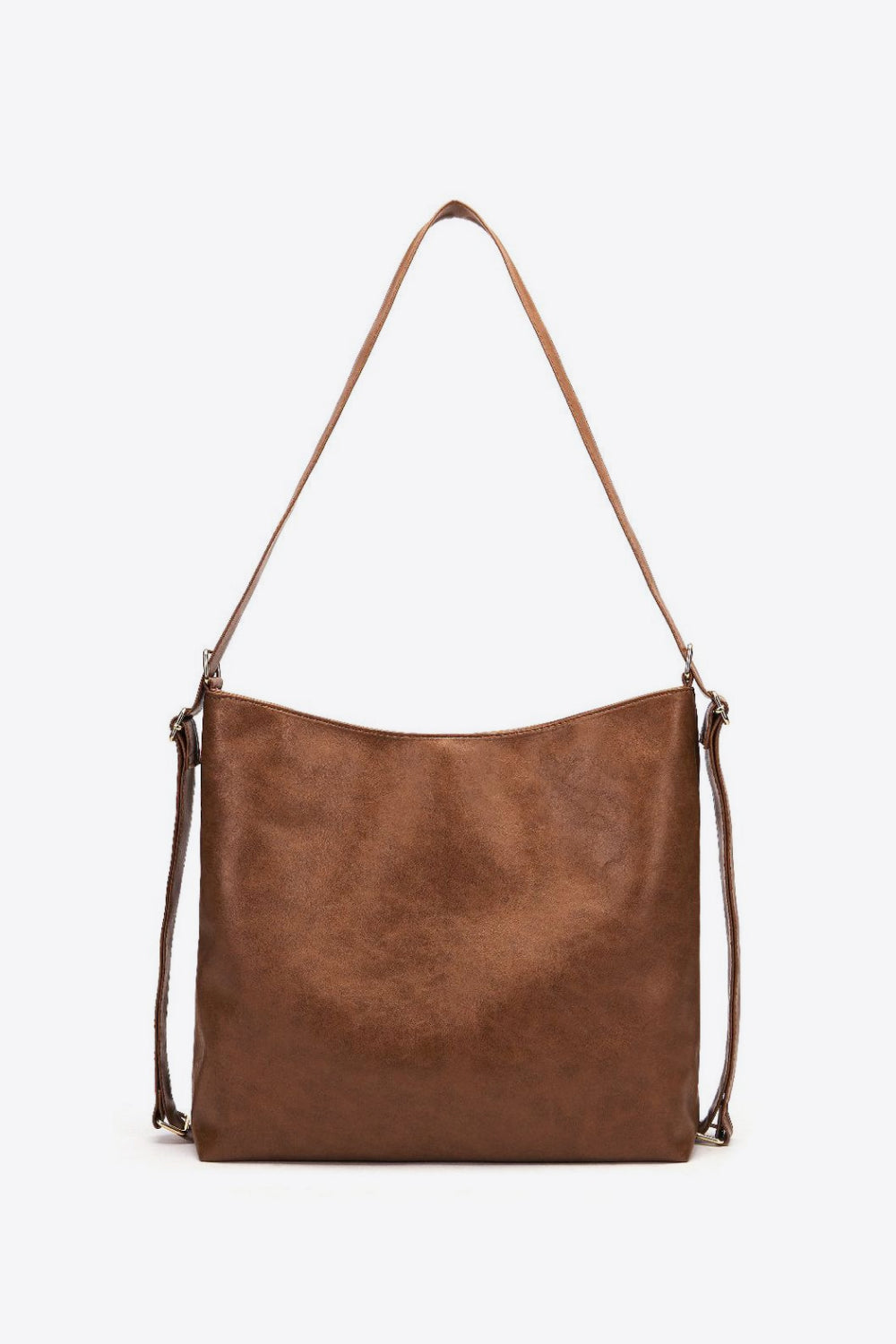 Large chocolate brown PU leather crossbody bag with a softly structured rectangular silhouette, gently curved top, long adjustable strap, and side buckle details.