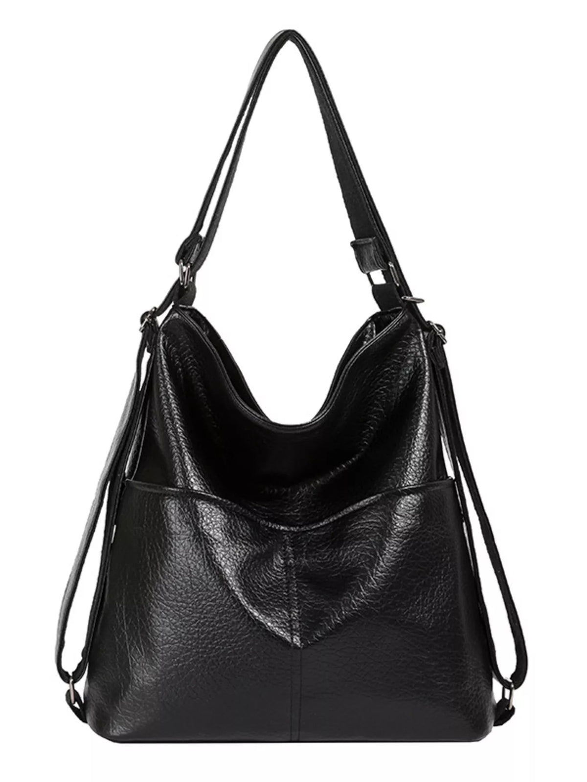 Black medium PU leather convertible shoulder bag with a slouchy silhouette, adjustable straps, silver-tone hardware, and a stitched front pocket.