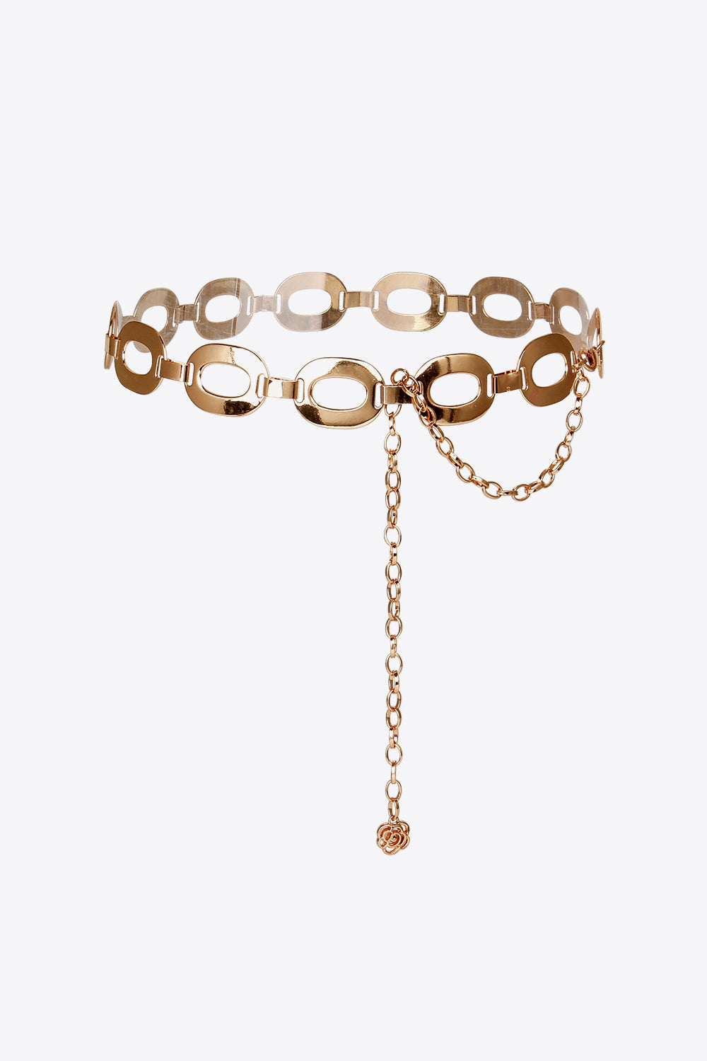 Gold-tone ferroalloy belt with polished open oval links, a lobster clasp fastening, and a long coordinating chain detail for a sculptural layered look.