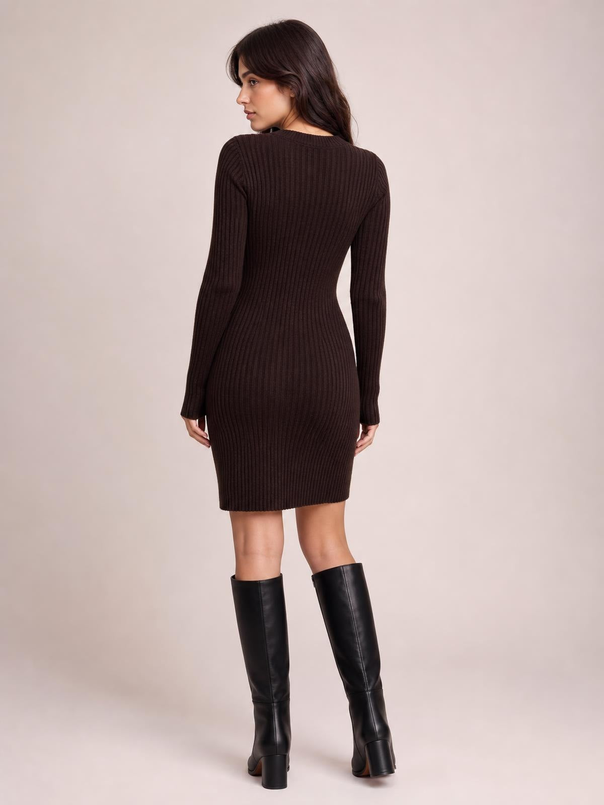 Model shown from the back in a fitted dark brown long sleeve ribbed knit dress with a crew neckline, defined waist, and straight above-knee silhouette.