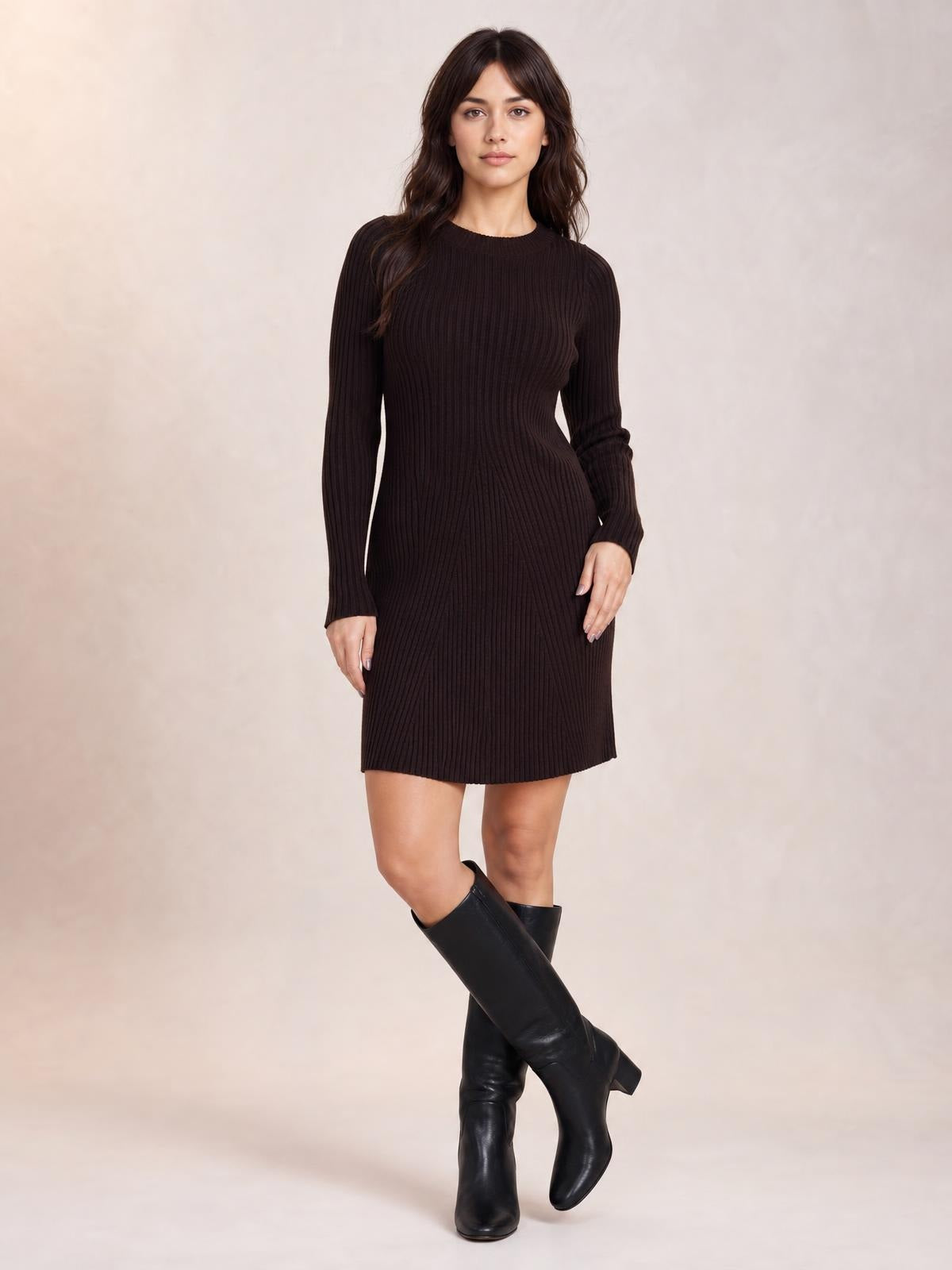 Model poses in a dark brown long-sleeve ribbed knit dress with a fitted silhouette, crew neckline, and straight mini-length hem.