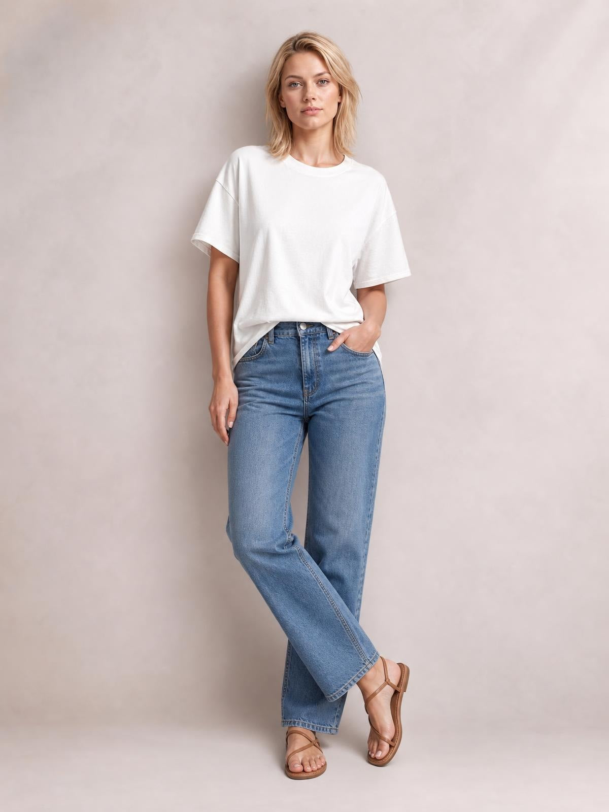 Model wears a white exposed seam round neck half sleeve T-shirt with a relaxed silhouette, standing cross-legged with one hand in her jeans pocket.