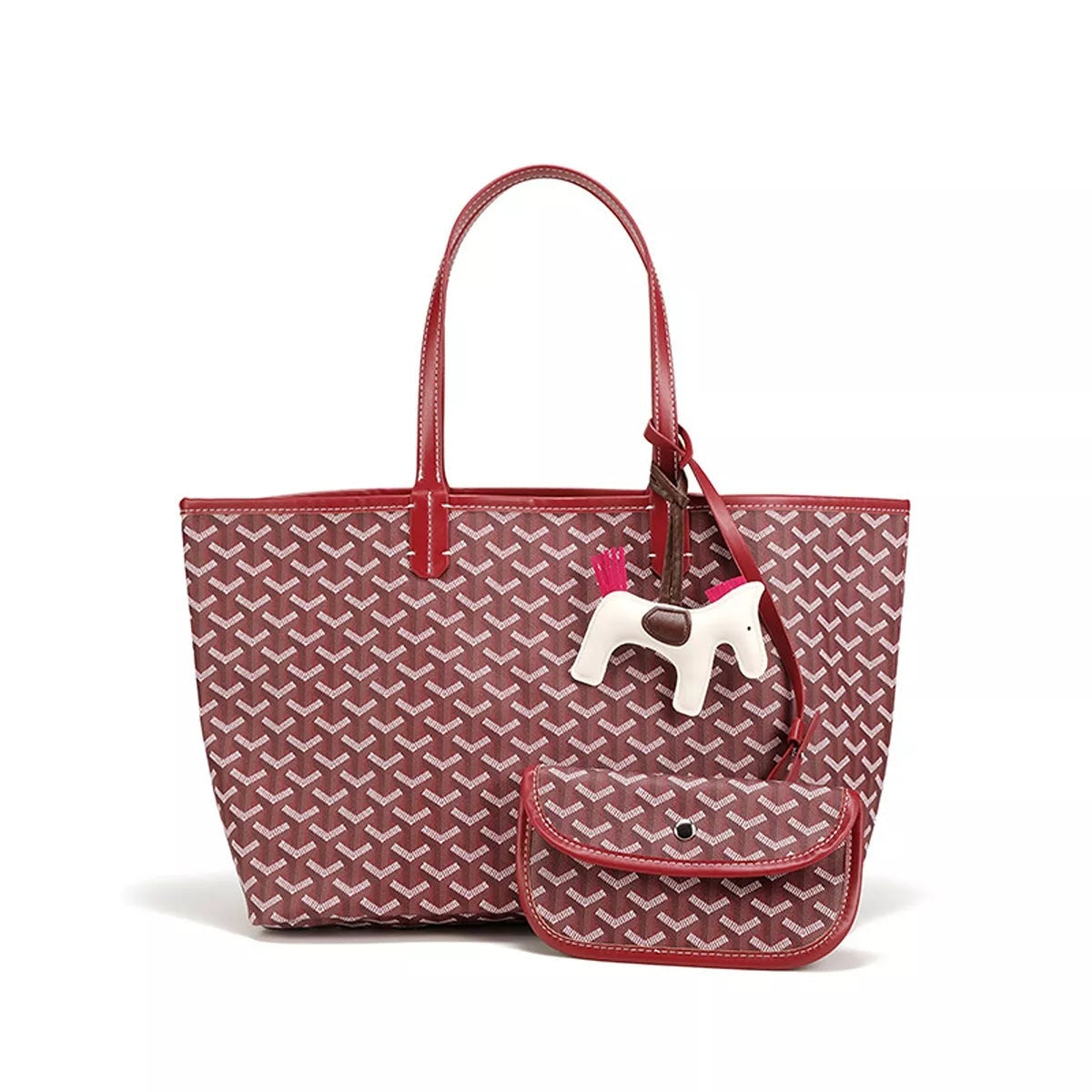 Large burgundy PU leather tote handbag with a geometric pattern, double handles, detachable matching pouch, and a white horse charm.