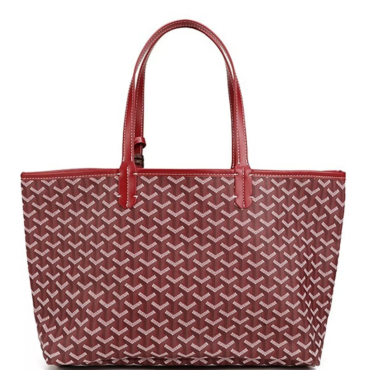 Large burgundy PU leather tote handbag with a geometric pattern, double top handles, structured silhouette, and contrasting stitched trim.