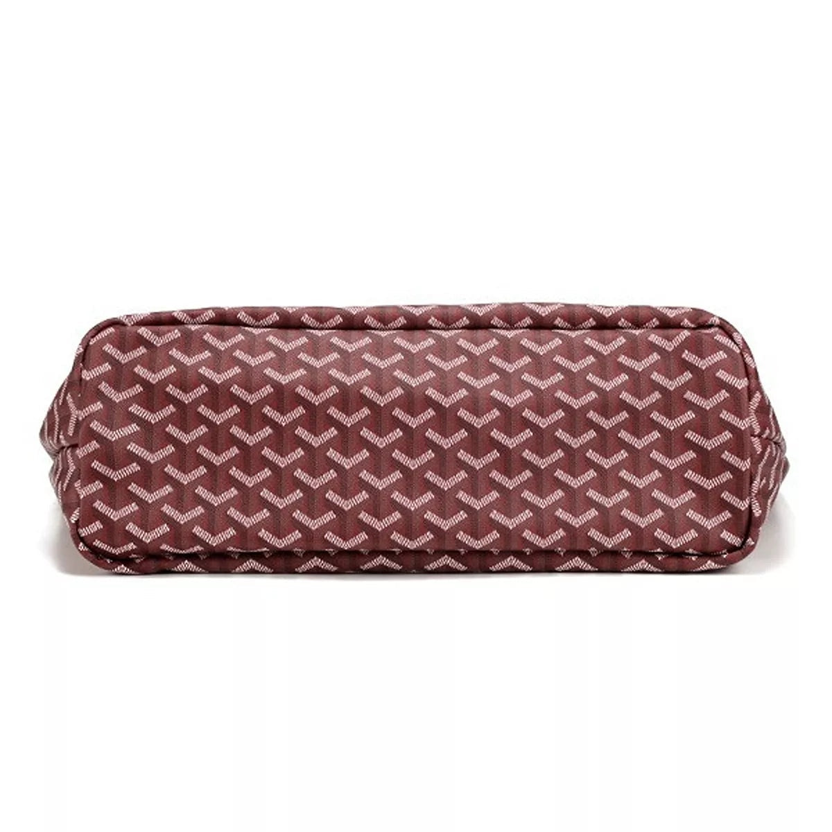 Bottom view of a large burgundy PU leather tote handbag with a repeating geometric pattern, rounded corners, and quilted stitched edging.