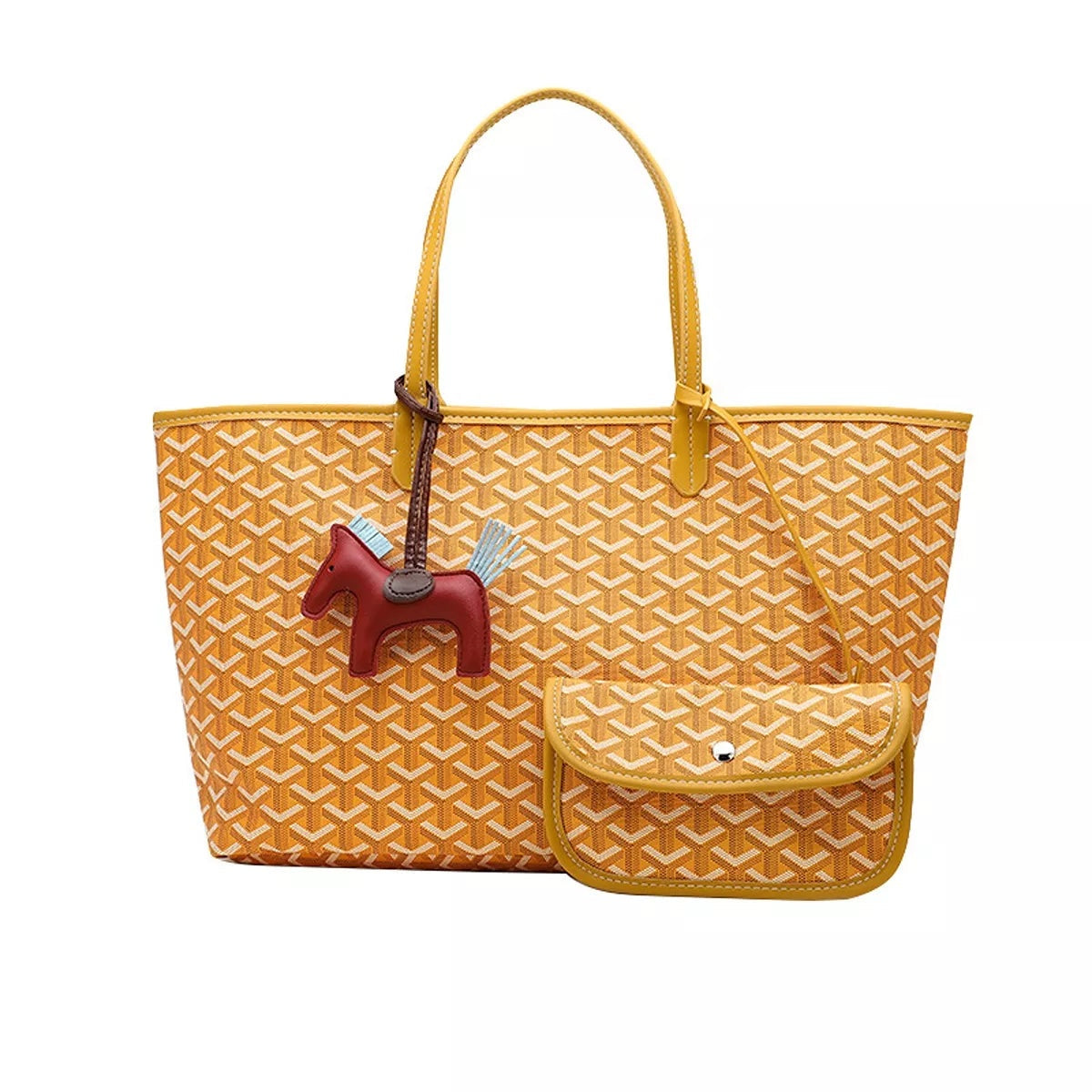 Large tan PU leather tote handbag with a geometric pattern, twin shoulder handles, detachable matching pouch, and a decorative horse charm.