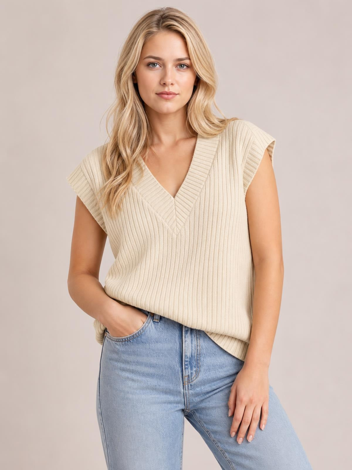 A model wears a cream ribbed V-neck sweater vest with sleeveless cap shoulders, a relaxed silhouette, and a straight hem while posing with one hand in her jeans pocket.