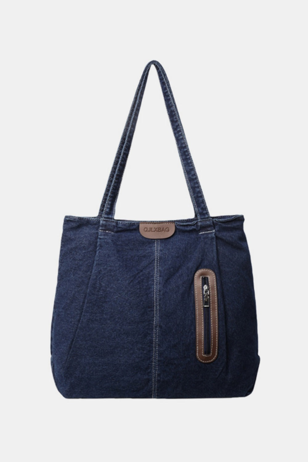 Dark denim medium tote bag with twin shoulder straps, vertical panel seaming, softly rounded lower corners, and a front zip pocket with a faux-leather trim.