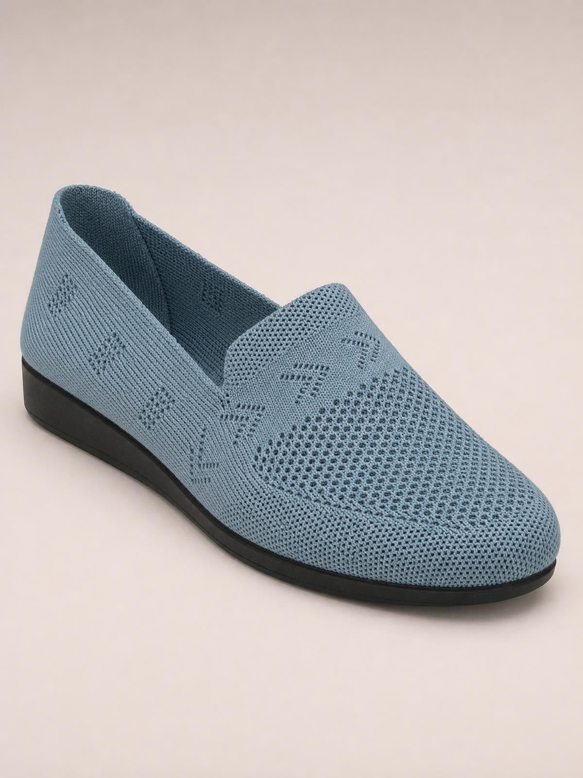 Blue mesh round-toe flat slip-on with a breathable knit upper, low black rubber sole, and easy pull-on design.