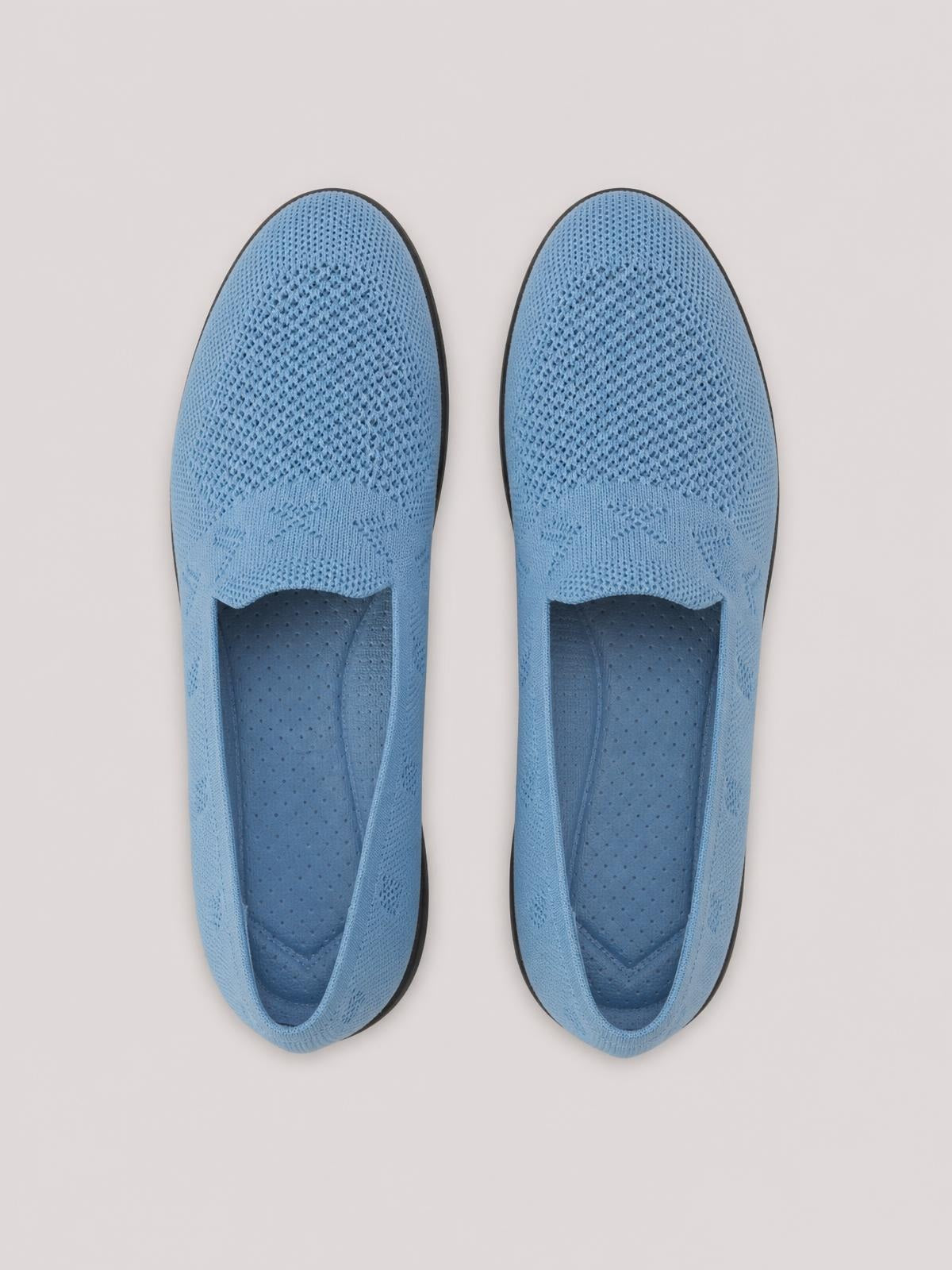 Blue mesh round-toe flat slip-on shoes feature a breathable knit upper, cushioned perforated insoles, and contrasting black rubber soles.