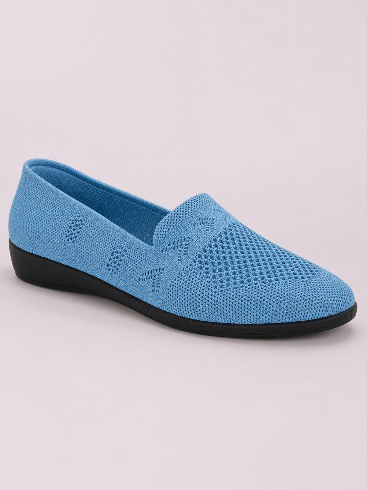 Blue mesh round-toe flat slip-on shoe with a breathable perforated knit upper, easy slide-on design, and contrasting black rubber sole.