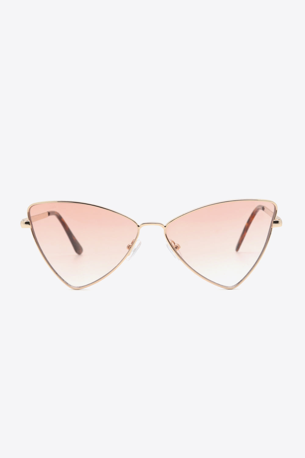 Metal frame cat-eye sunglasses feature softly pointed gold frames, pink-tinted lenses, and brown tortoiseshell-inspired temples.