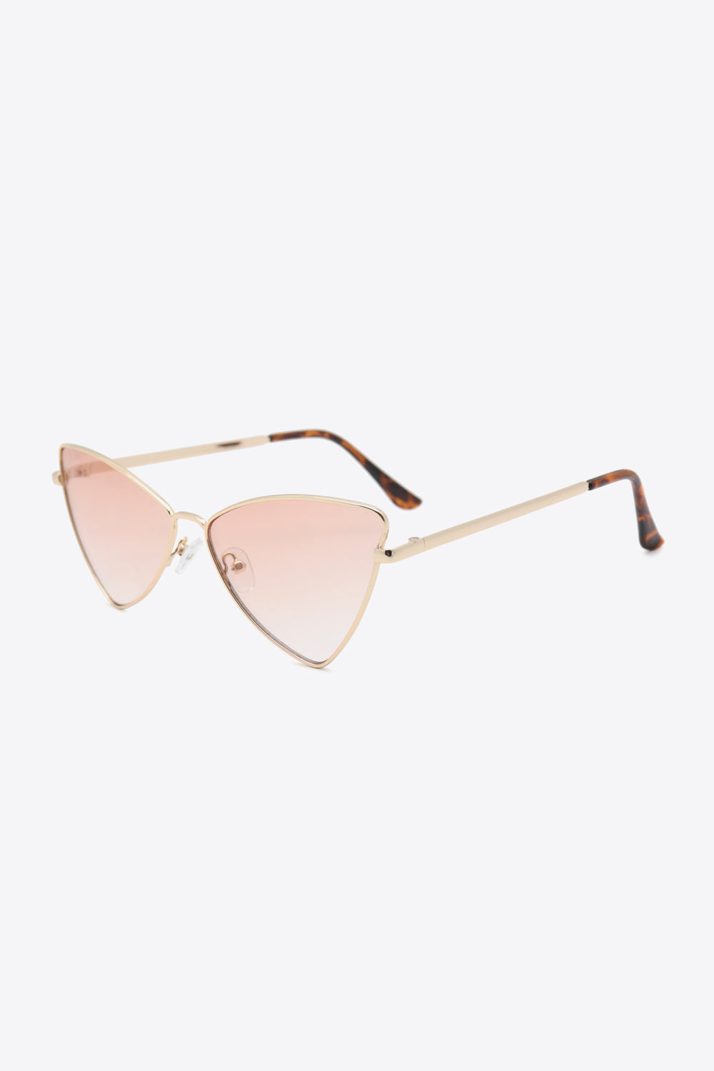 Metal frame cat-eye sunglasses feature a slim gold-toned frame, softly tinted pink lenses, and tortoiseshell-inspired metal-plastic hybrid temples.