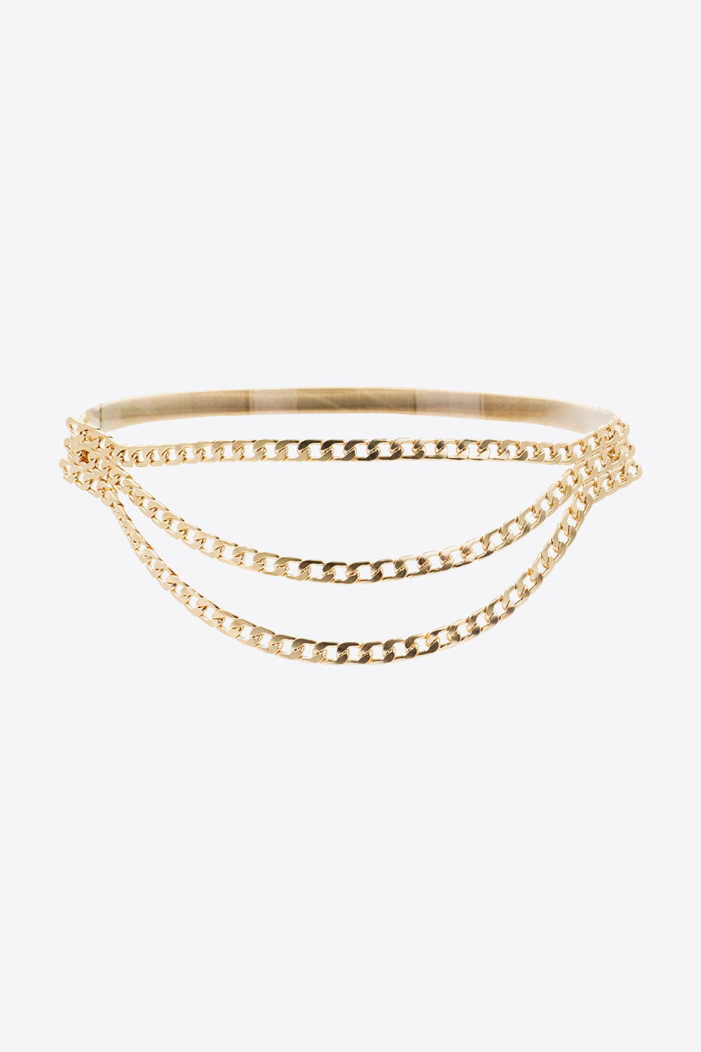 Gold-tone triple-layered chain belt with a slim upper band and three cascading linked chains forming a graceful draped silhouette.