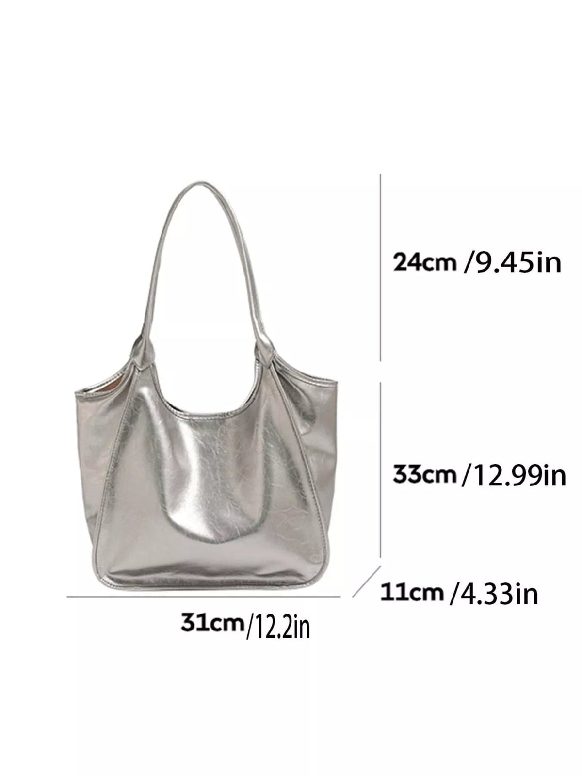 Metallic silver PU leather tote bag with long shoulder straps, a soft slouchy silhouette, stitched edges, and a medium 31 × 33 × 11 cm design.