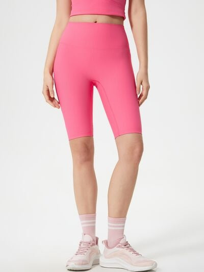Model stands in bright pink high waist active shorts with a fitted, stretchy silhouette, smooth construction, and knee-length hems.