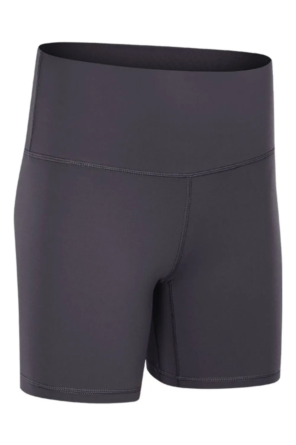 Dark charcoal high waist training shorts feature a wide waistband, stretchy fitted silhouette, mid-thigh length, and visible front and hem construction seams.