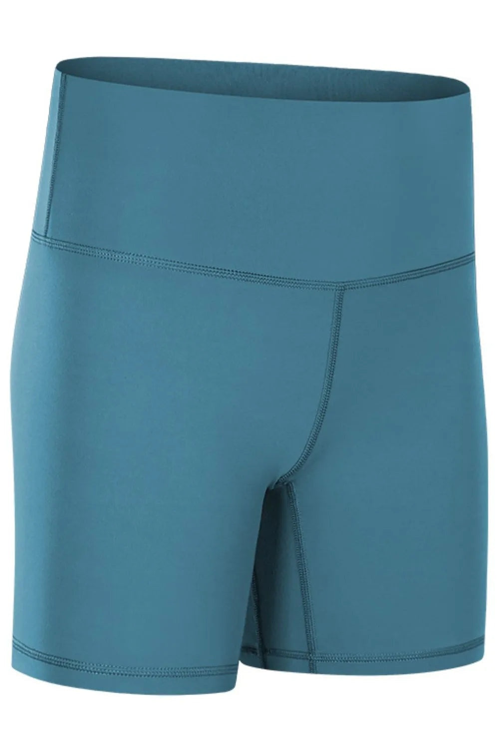 Blue high-waist training shorts with a stretchy fitted silhouette, wide waistband, and visible contrast stitching along the seams and hems.
