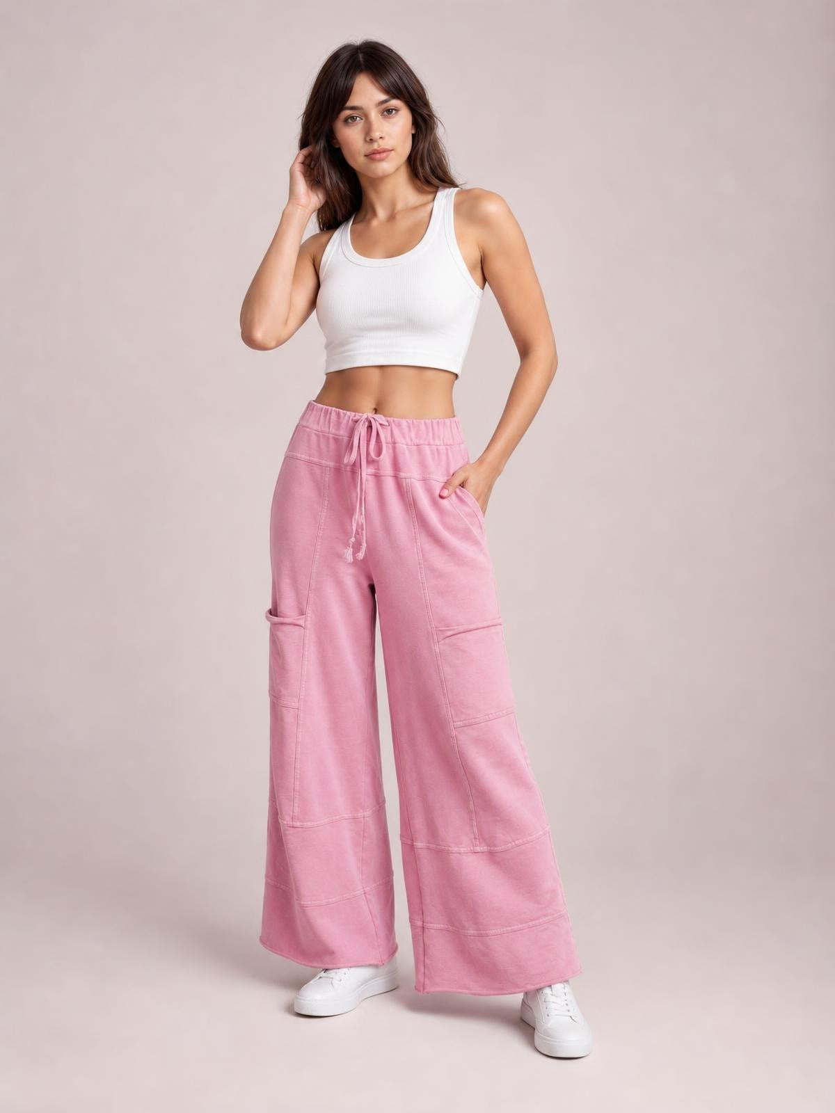 Mineral Wash Exposed Seam Drawstring High Waist Wide Leg Cargo Pants · Medium / Three-Quarter