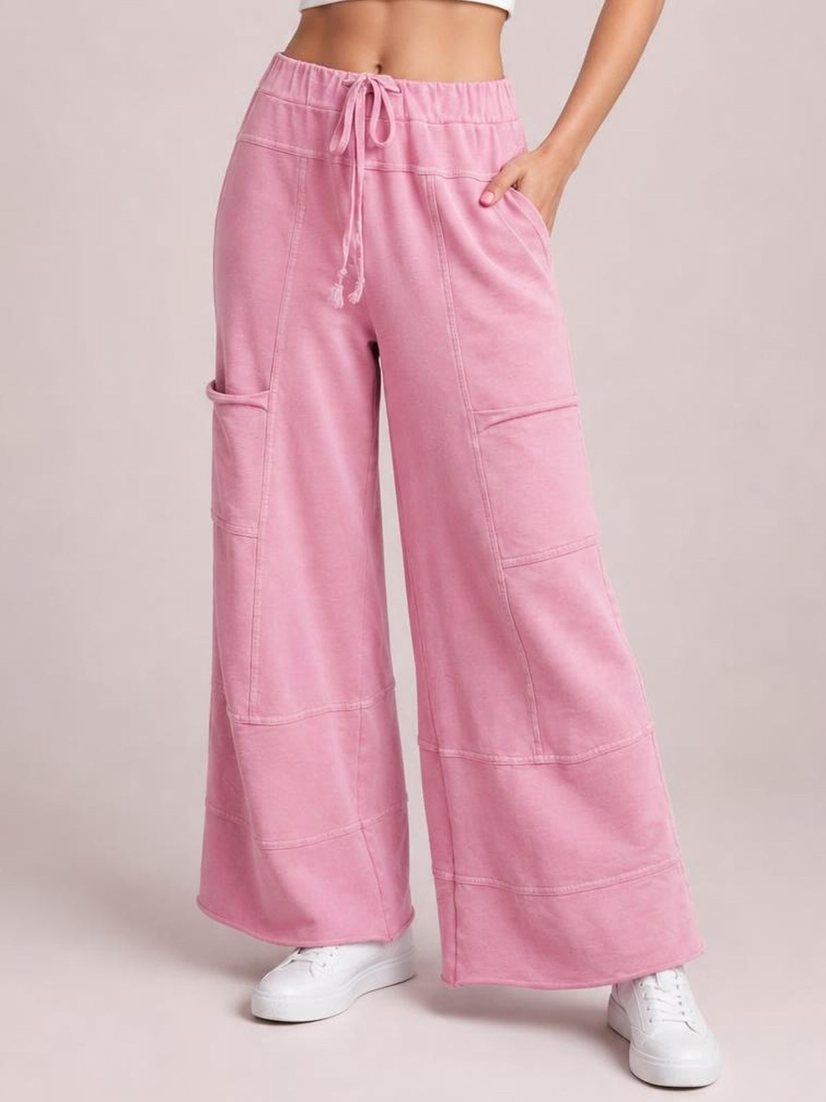 Mineral Wash Exposed Seam Drawstring High Waist Wide Leg Cargo Pants · Medium / Three-Quarter