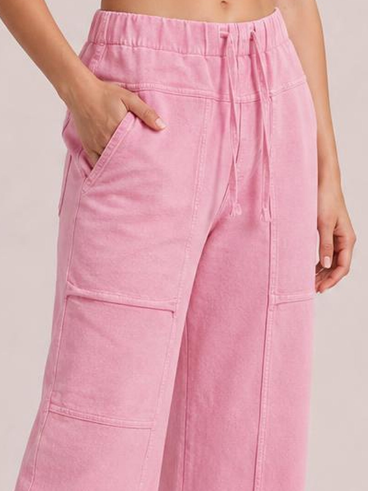 Mineral Wash Exposed Seam Drawstring High Waist Wide Leg Cargo Pants · Studio Prop Pose