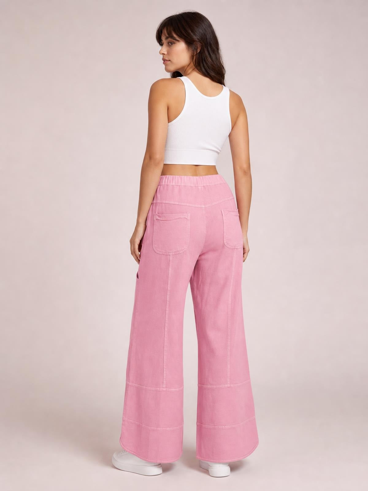 Mineral Wash Exposed Seam Drawstring High Waist Wide Leg Cargo Pants · Back View