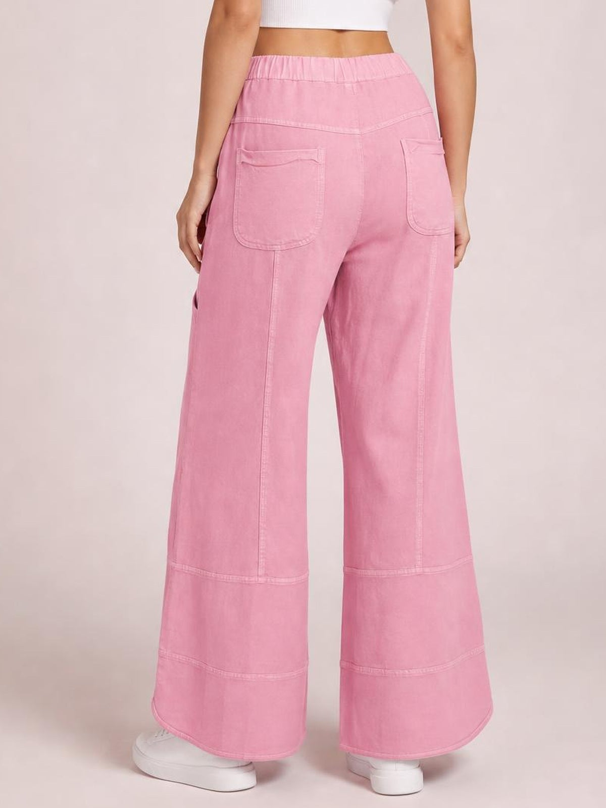 Mineral Wash Exposed Seam Drawstring High Waist Wide Leg Cargo Pants · Back View