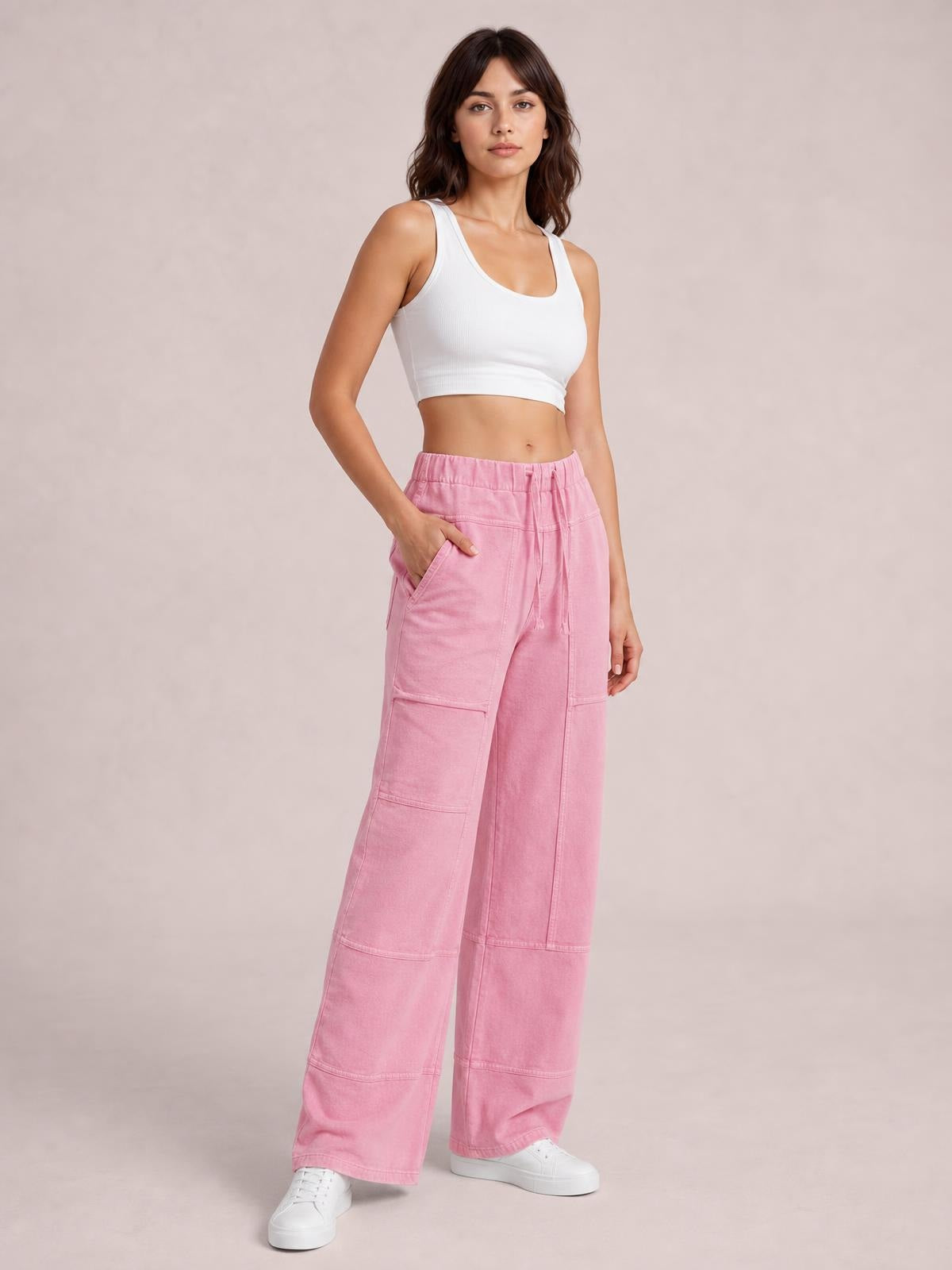 Mineral Wash Exposed Seam Drawstring High Waist Wide Leg Cargo Pants · Studio Prop Pose