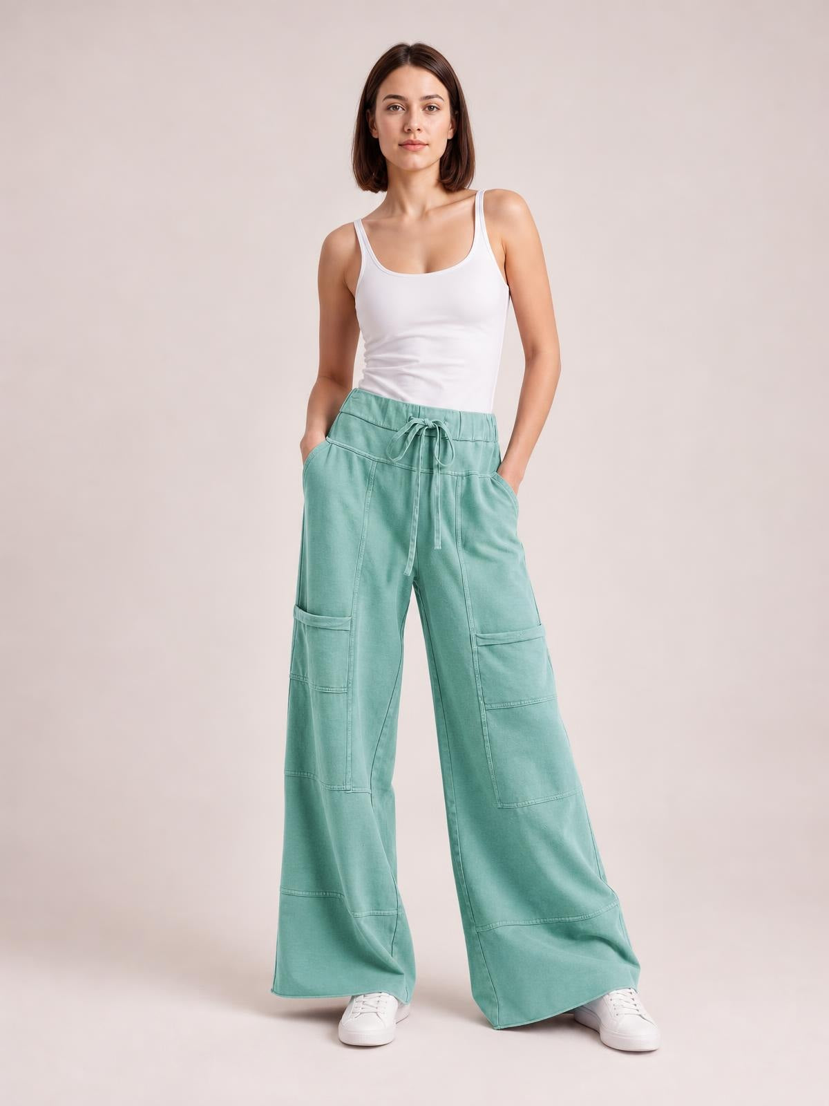 Mineral Wash Exposed Seam Drawstring High Waist Wide Leg Cargo Pants · Hero Full Body