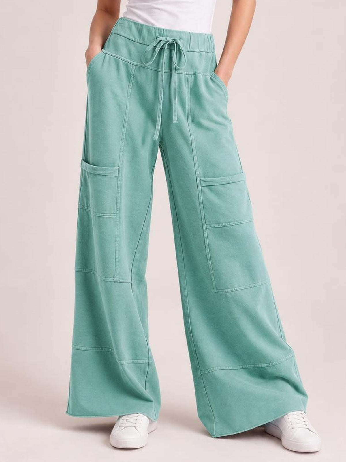 Mineral Wash Exposed Seam Drawstring High Waist Wide Leg Cargo Pants · Hero Full Body