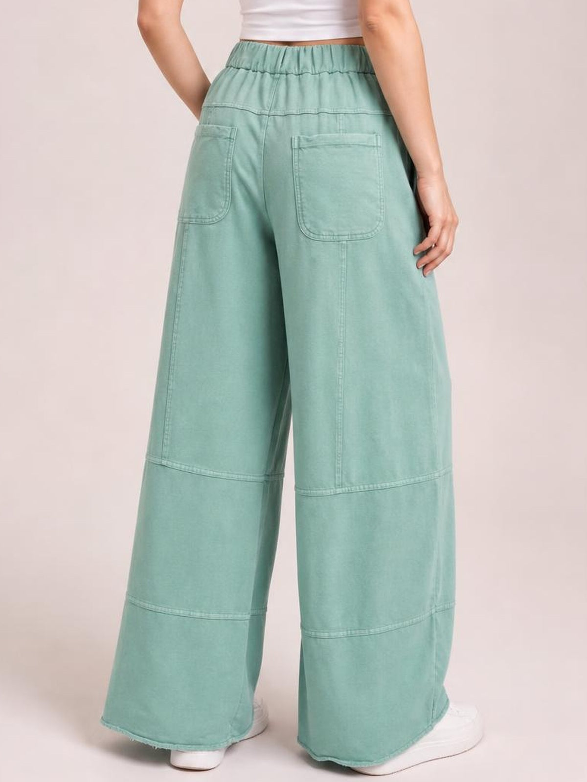 Mineral Wash Exposed Seam Drawstring High Waist Wide Leg Cargo Pants · Back View
