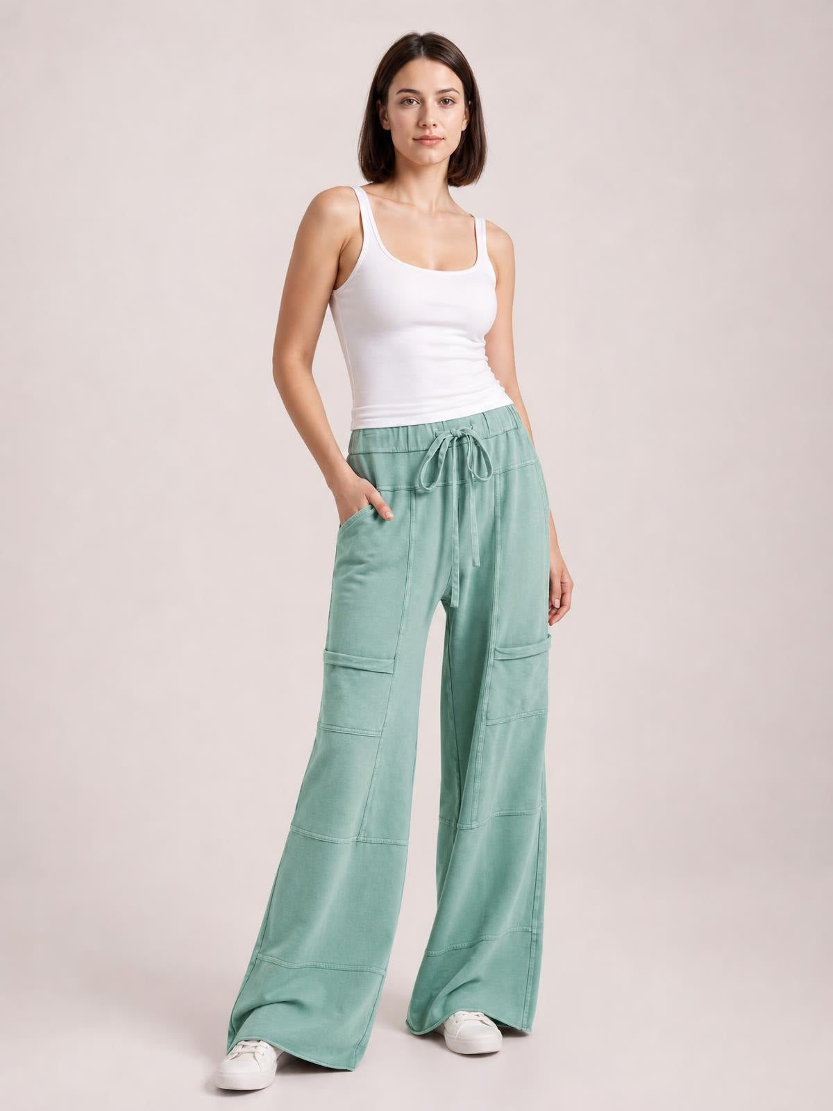 Mineral Wash Exposed Seam Drawstring High Waist Wide Leg Cargo Pants · Studio Prop Pose