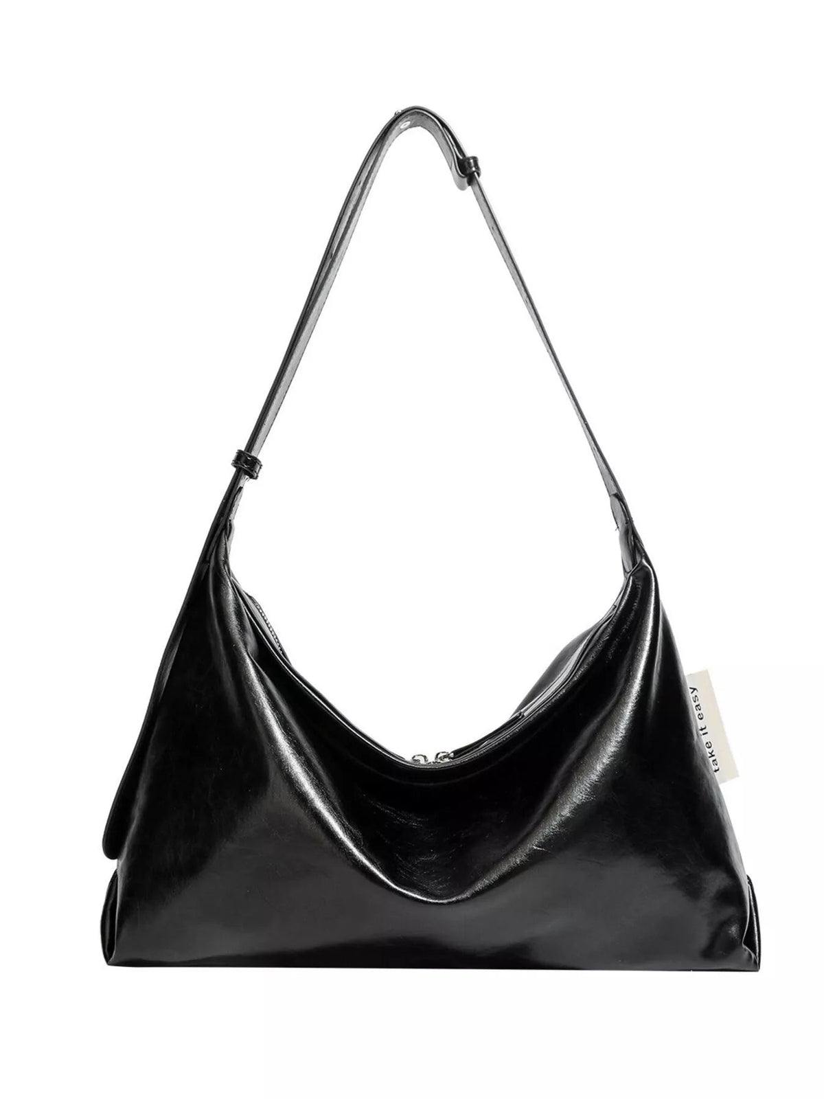 Black glossy PU leather slouchy shoulder bag with a soft, draped silhouette, curved top opening, and long adjustable strap.