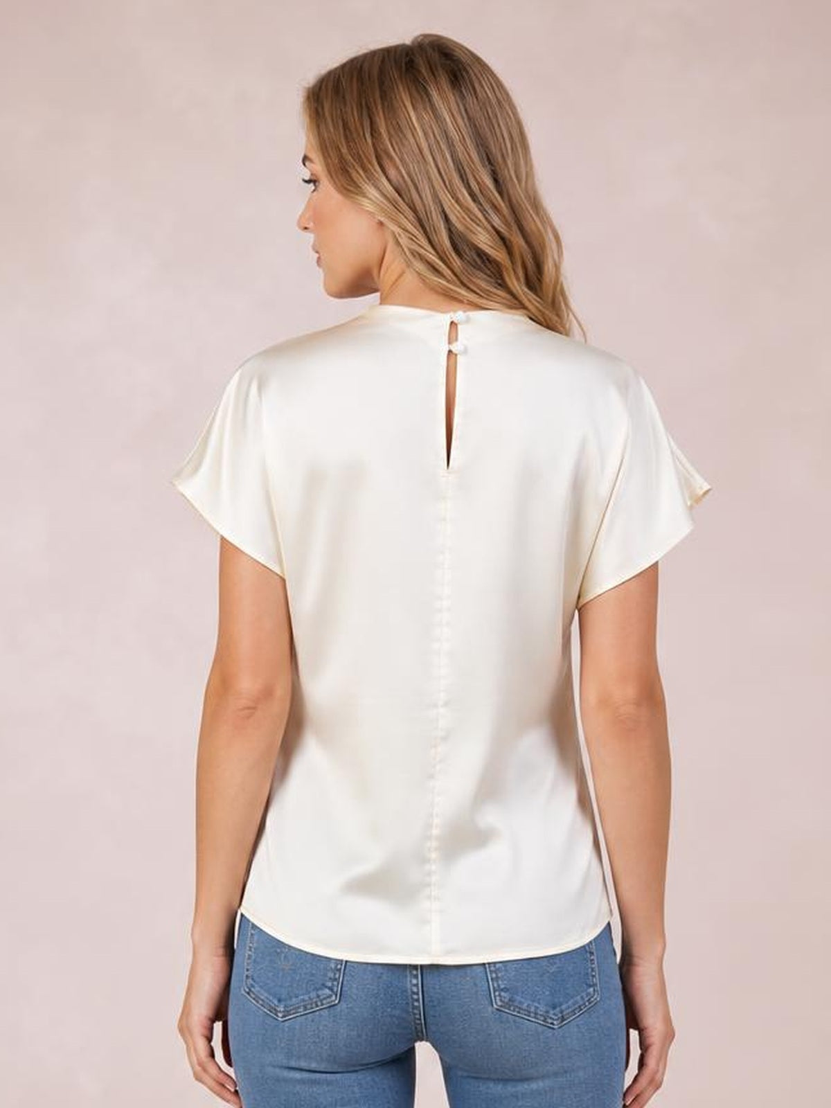 Mock Neck Short Sleeve Satin Blouse · Rule Full Body - Back View