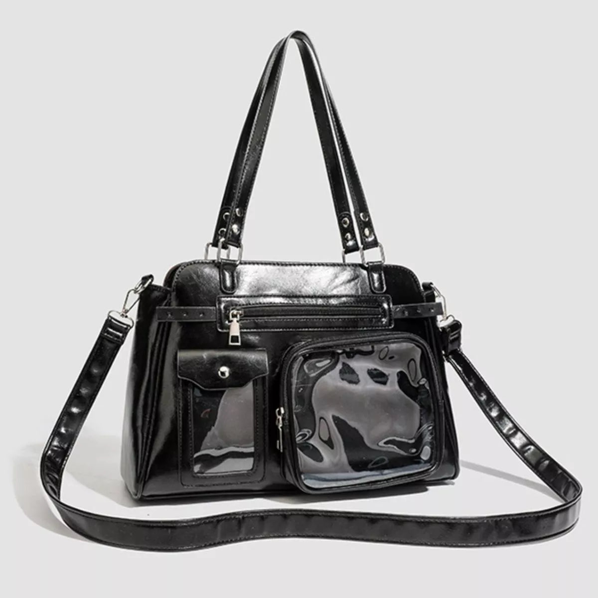 Black medium PU leather shoulder bag with dual handles, a detachable strap, multiple front pockets, and clear window panels.