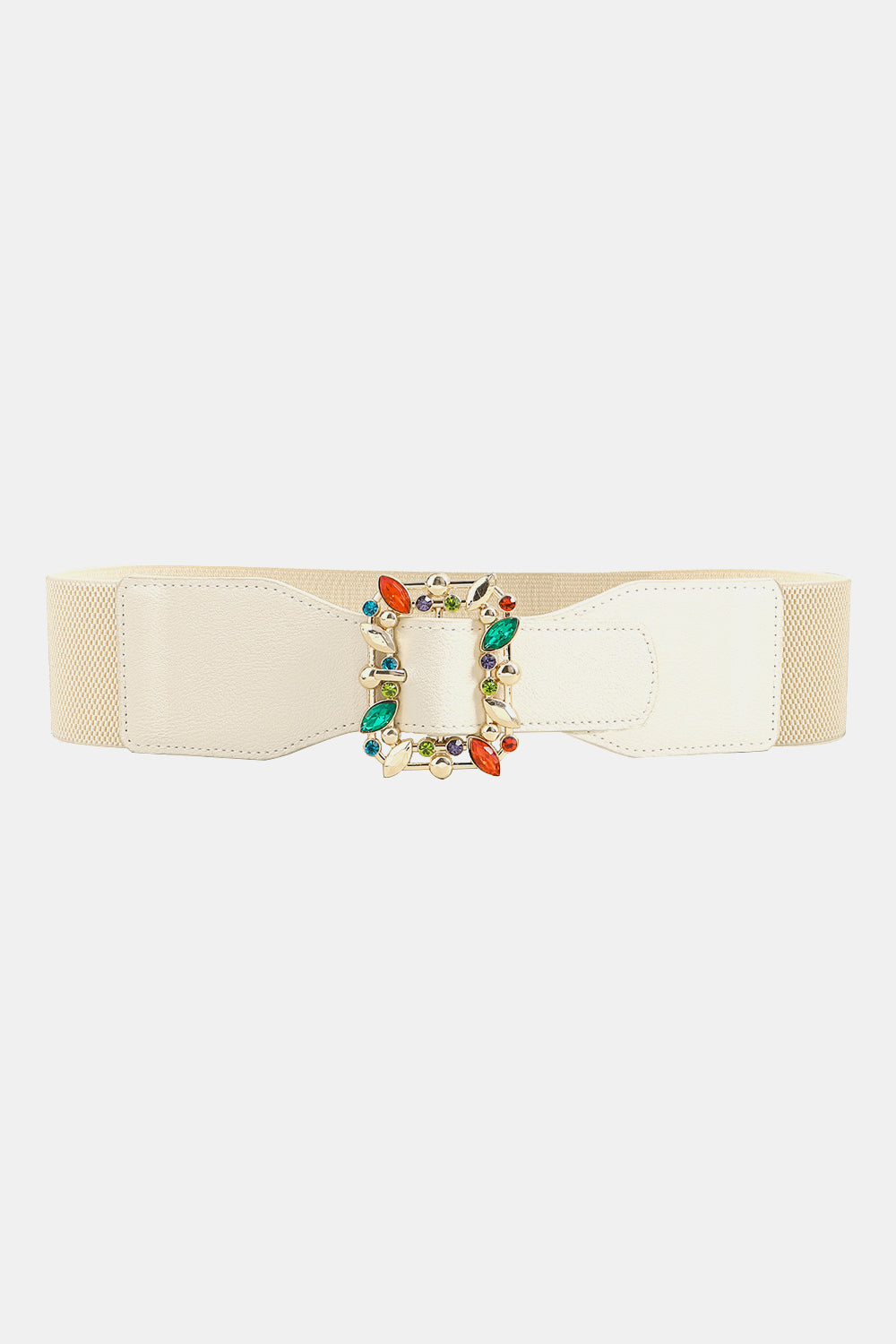 Ivory wide elastic belt with stitched PU panels and an ornate alloy buckle framed by multicolored leaf-inspired details.