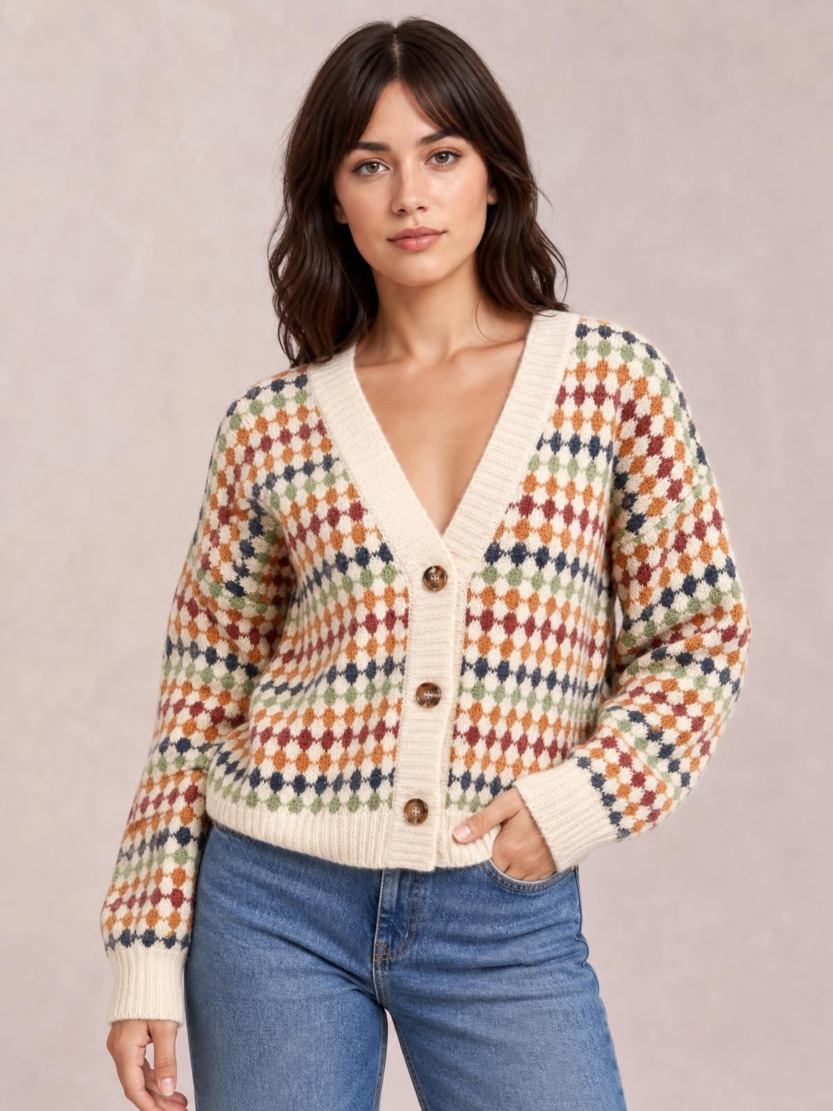 Model wearing a multicolour dotty pattern knit cardigan with a cream ribbed V-neck, button front, long sleeves, fitted silhouette, and ribbed cuffs and hem.