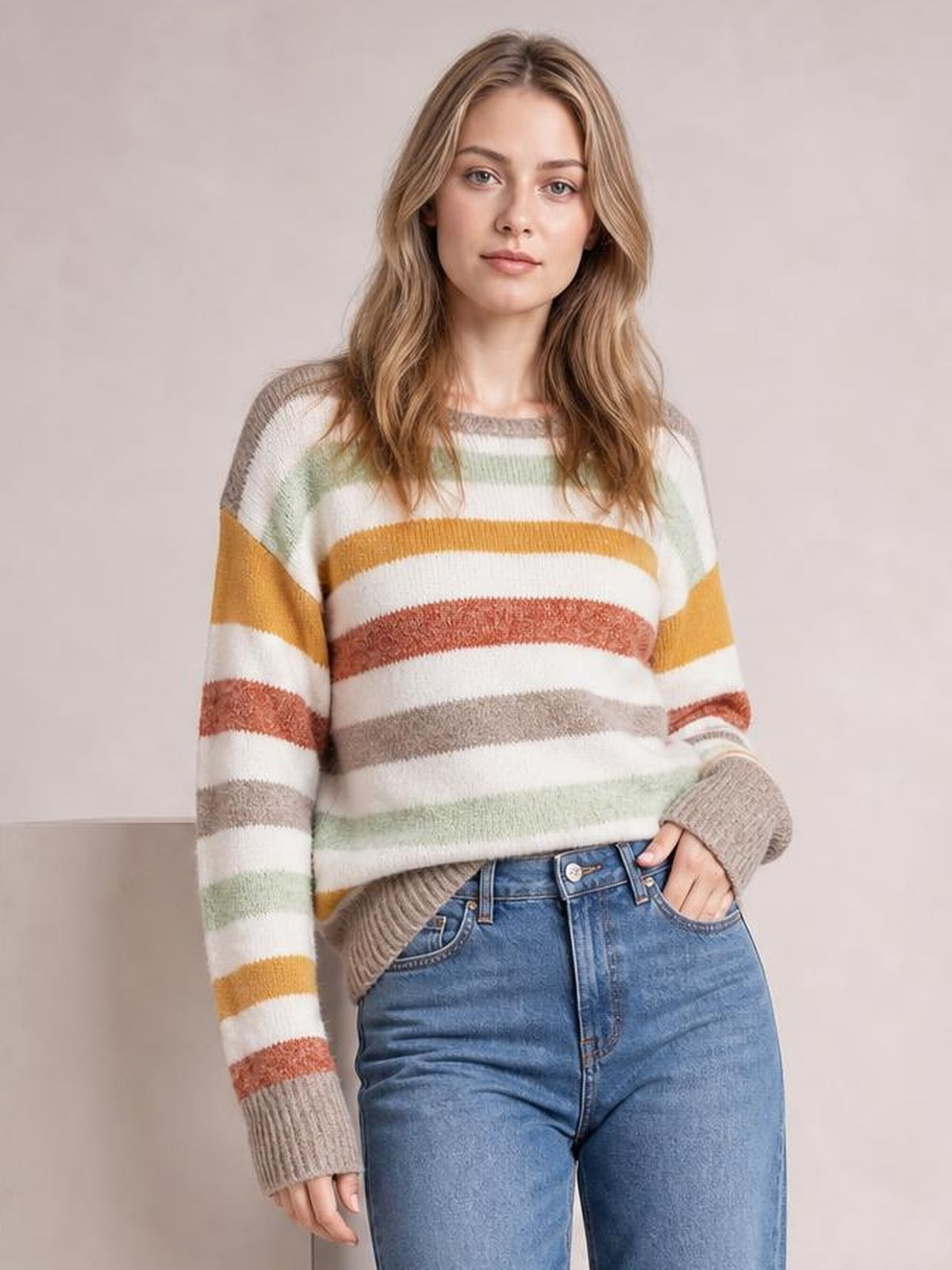 Model wearing a multicolour stripe drop shoulder crew neck sweater with a relaxed silhouette, ribbed cuffs and hem, and one hand in her jeans pocket.