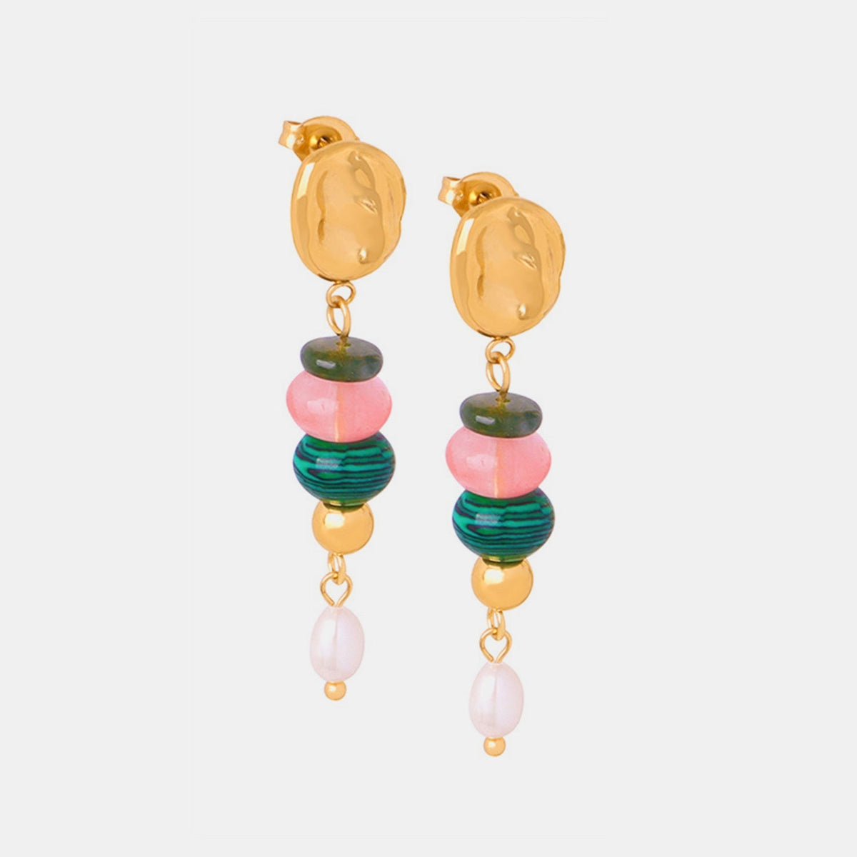 Long gold-tone freshwater pearl dangle earrings feature stud tops, linked green and pink natural stone beads, and pale pearl drops in an elegant layered silhouette.
