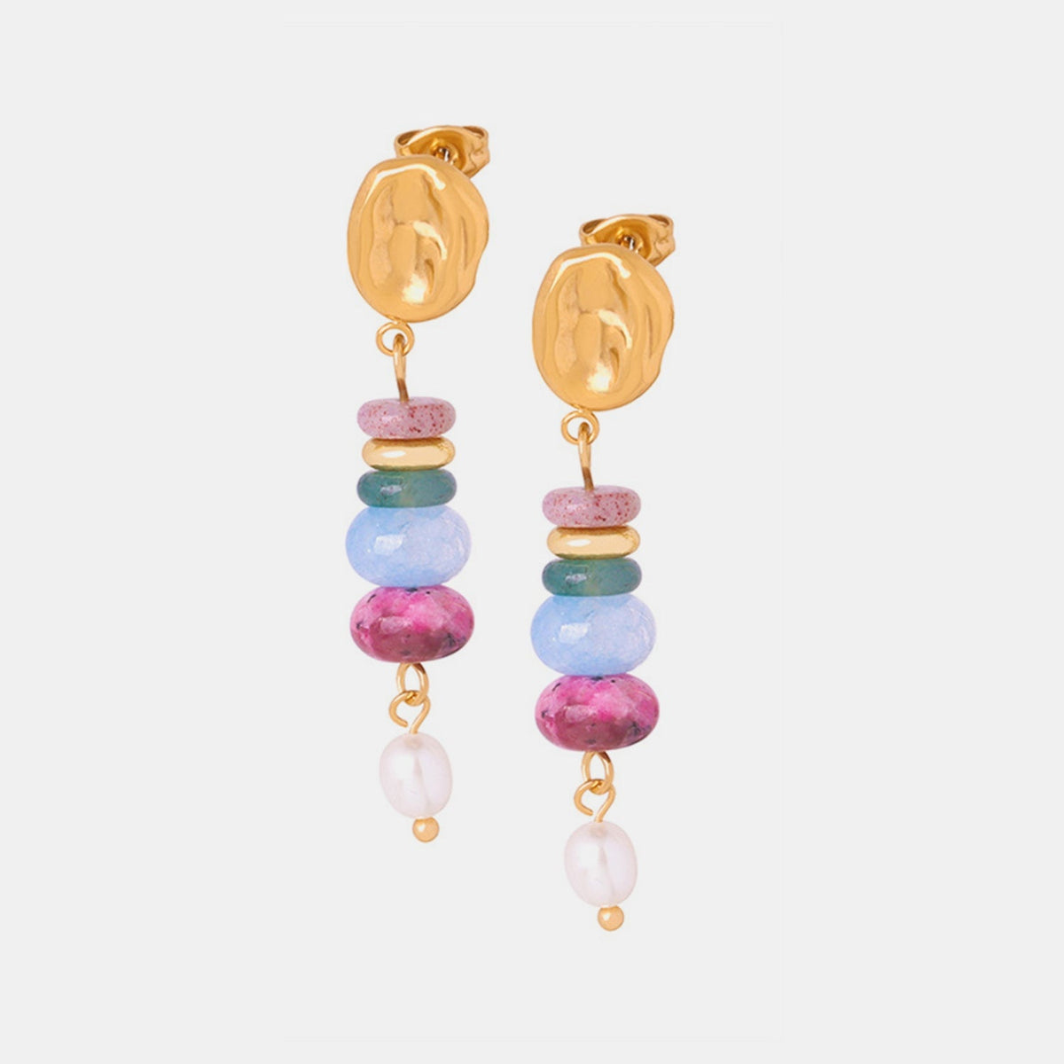 Natural stone freshwater pearl dangle earrings feature gold-tone round studs, colorful stacked beads, and elongated drop silhouettes with polished pearl accents.