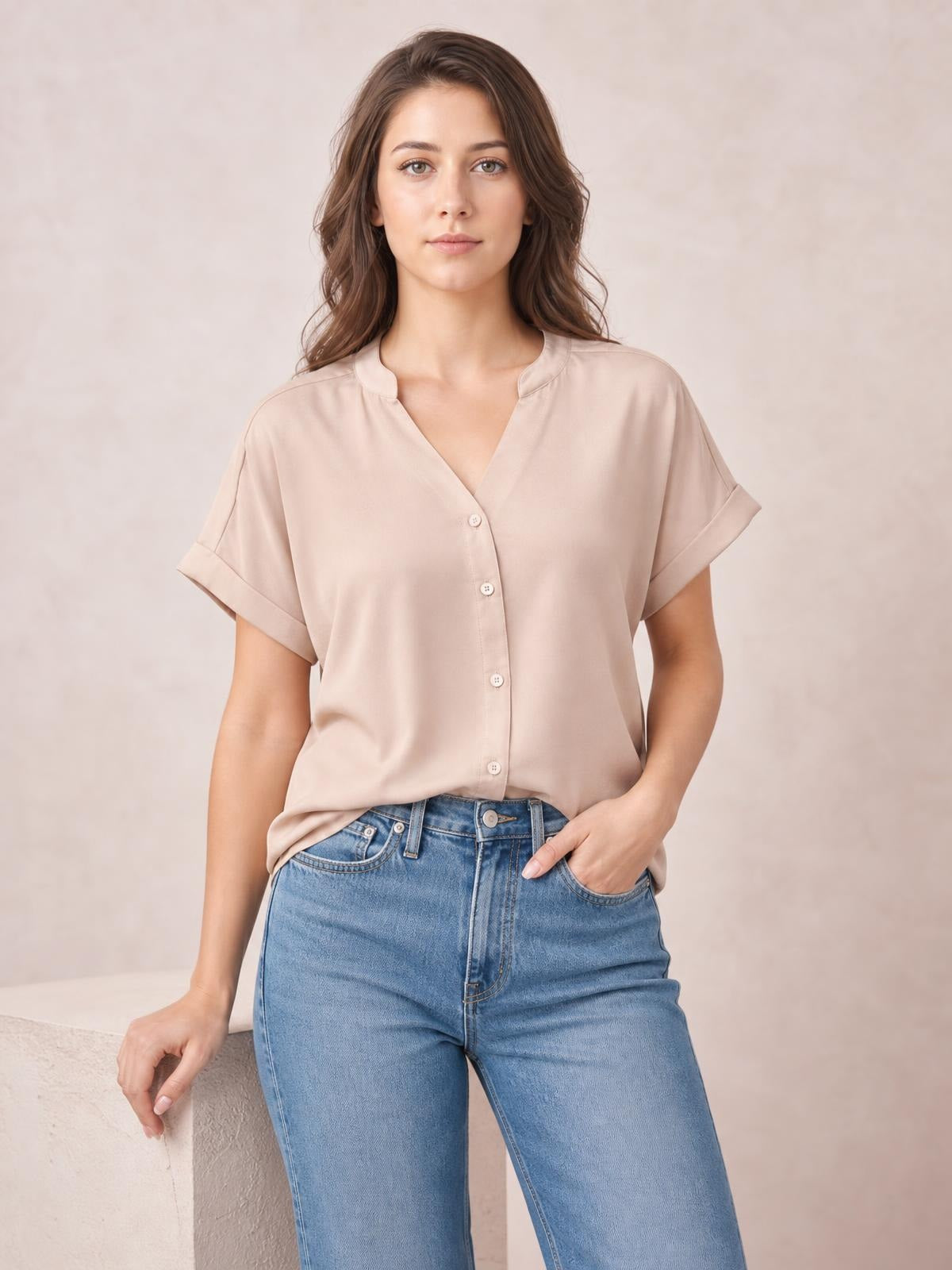 Model wears a solid beige shirt with a notched neckline, button front, cuffed short sleeves, and a relaxed regular-length silhouette.