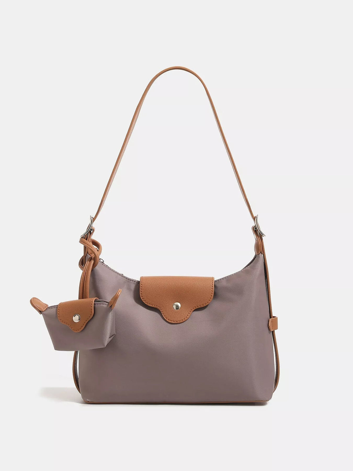 Taupe nylon hobo shoulder bag with a brown adjustable strap, contrasting flap closure, and matching detachable coin purse.