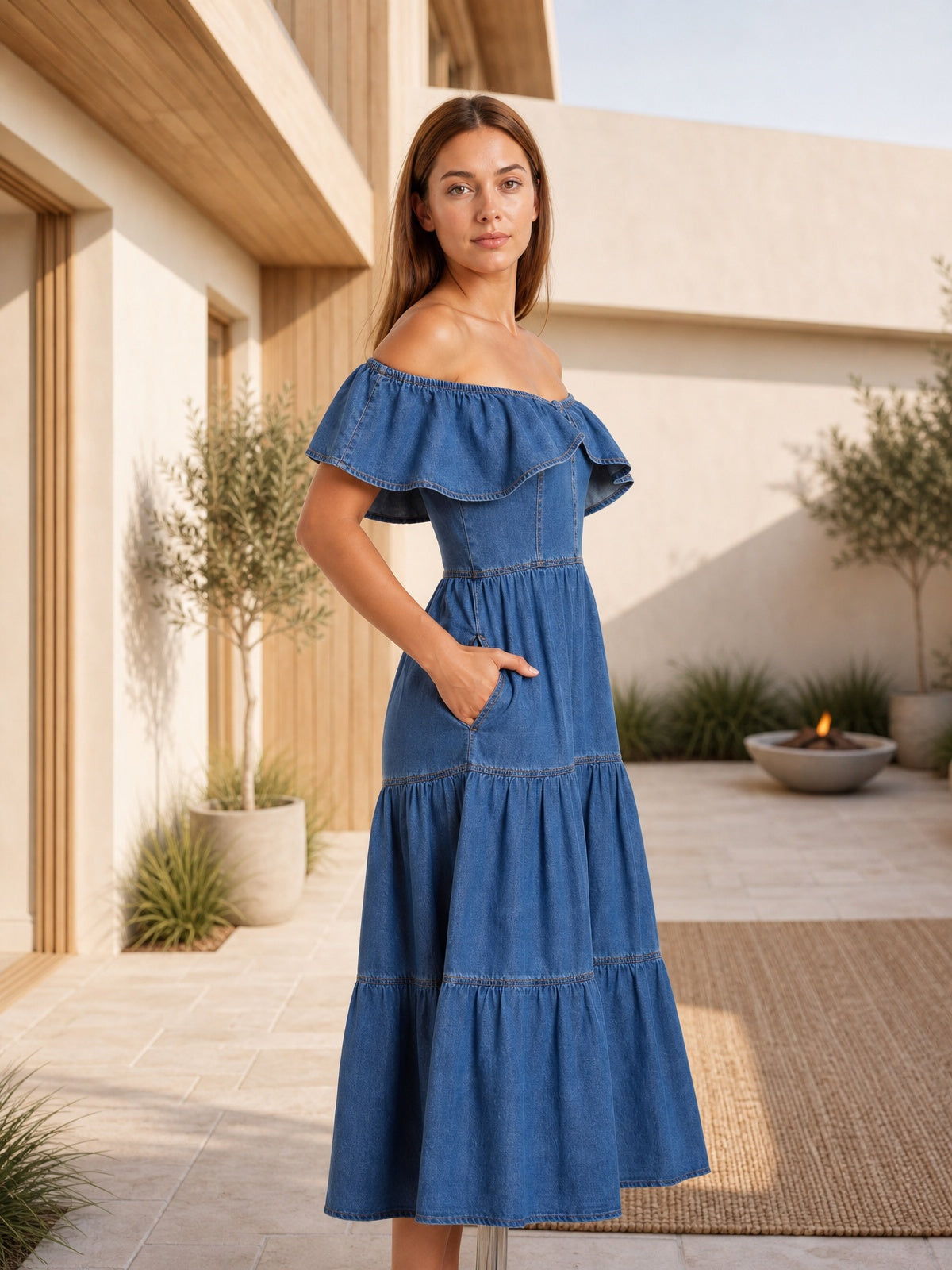 A model poses in a dark blue off-shoulder denim dress with a ruffled neckline, defined waist, tiered midi skirt, and practical side pockets.