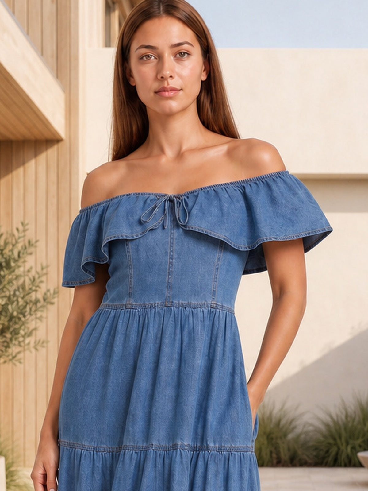 A model poses in a blue denim-look dress with an off-shoulder ruffle neckline, defined waist, tiered full skirt, and one hand tucked into a pocket.