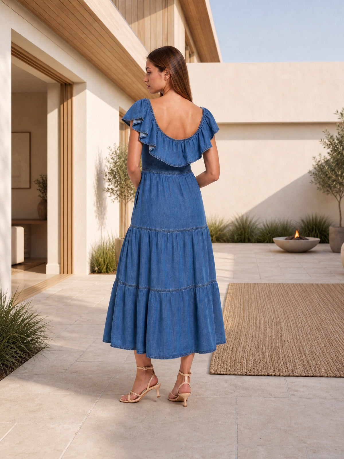 Back view of a model in a blue off-shoulder ruffle tiered denim dress with a defined waist, flutter sleeves, pockets, and a flowing midi silhouette.