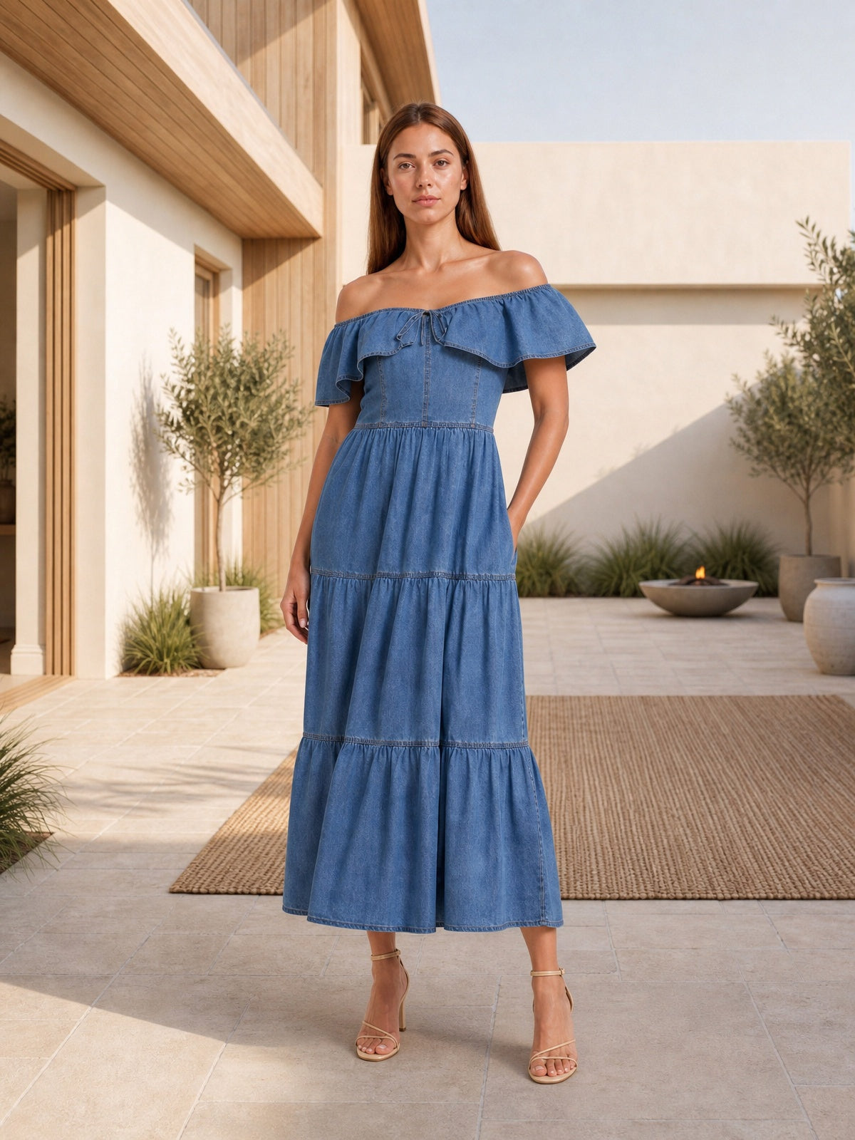 A model poses in a dark blue off-shoulder ruffle tiered denim dress with a fitted bodice, defined waist, flowing midi silhouette, and hand in a pocket.
