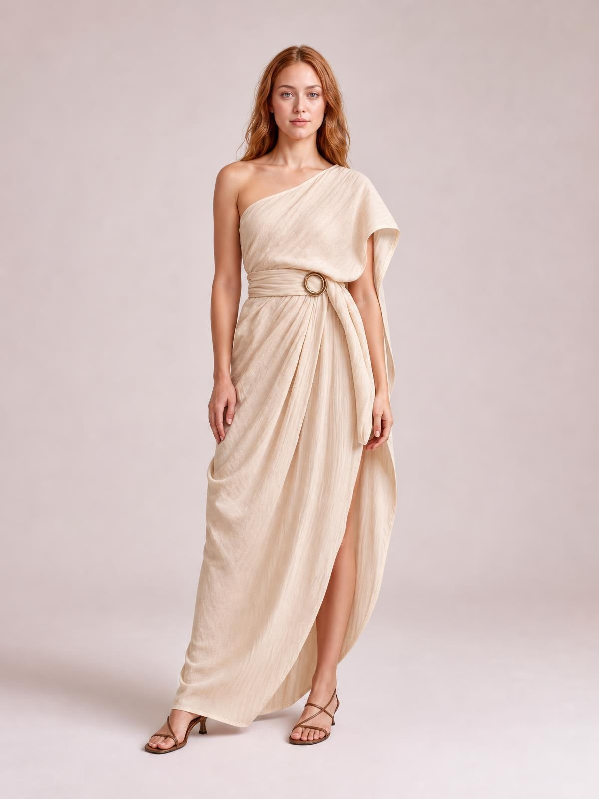 Model stands in a cream one-shoulder draped maxi dress with a flowing silhouette, gathered waist, round buckle, and high side slit.