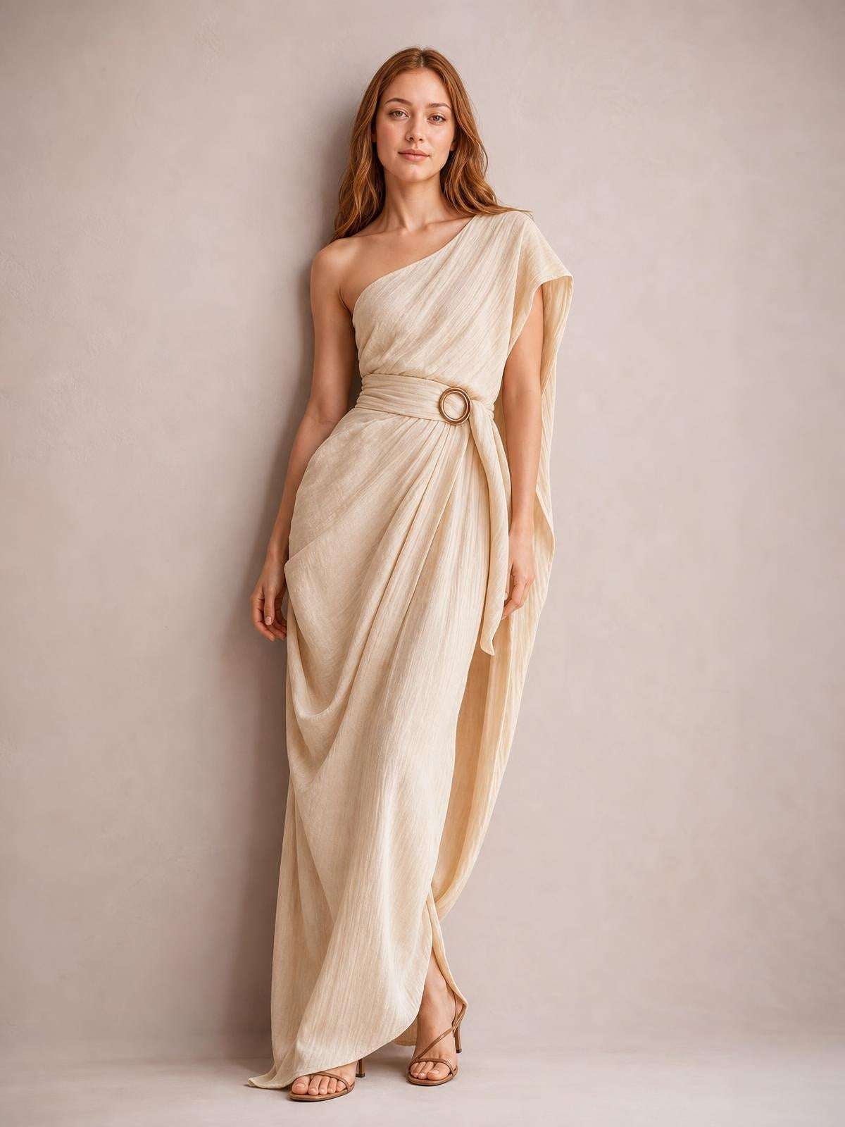 A model poses in a cream one-shoulder draped maxi dress with a flowing floor-length silhouette, gathered waist, and circular buckle belt.